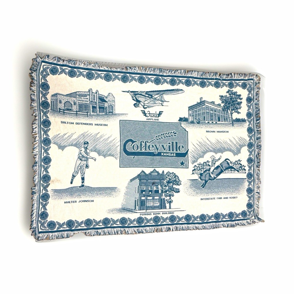 Coffeyville Kansas blue white woven fringed couch throw blanket 65x45
